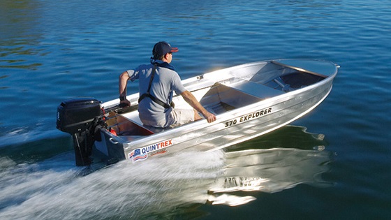 aluminium watercraft quintrex boat gliding in a shallow water